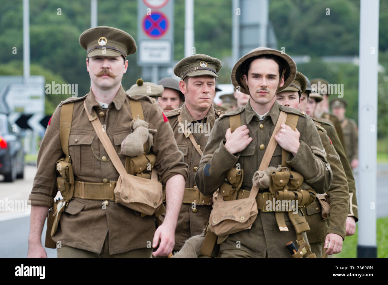 Young men dressed in First World War uniforms in Aberystwyth Wales as ...