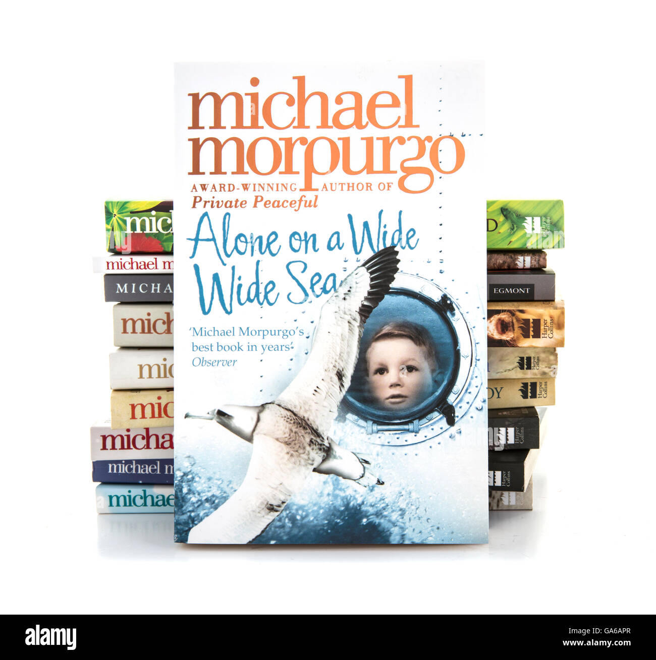 Alone on a Wide Wide Sea by Michael Morpurgo on a white background Stock Photo