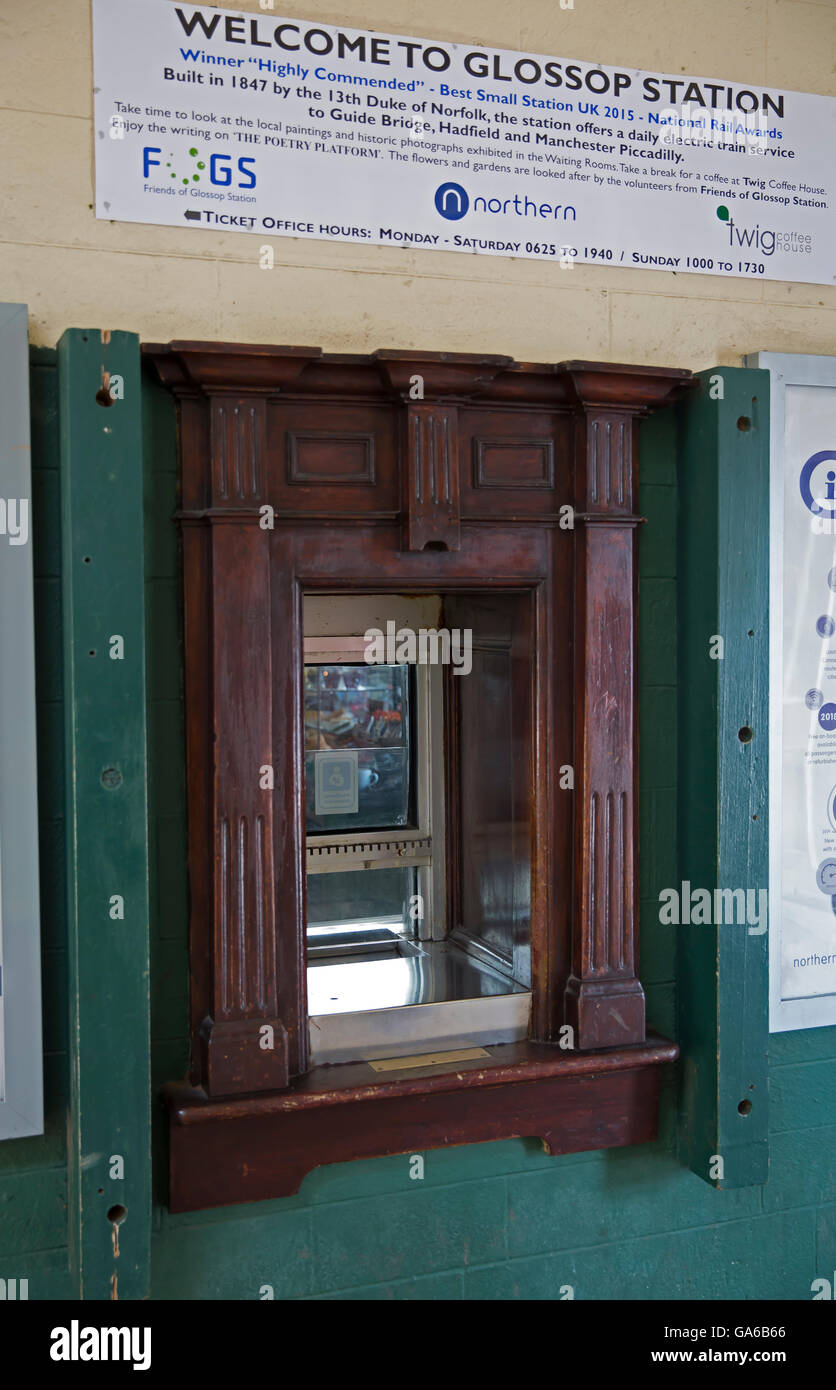 Old fashioned train ticket booth at Glossop Railway station in the Peak district Stock Photo