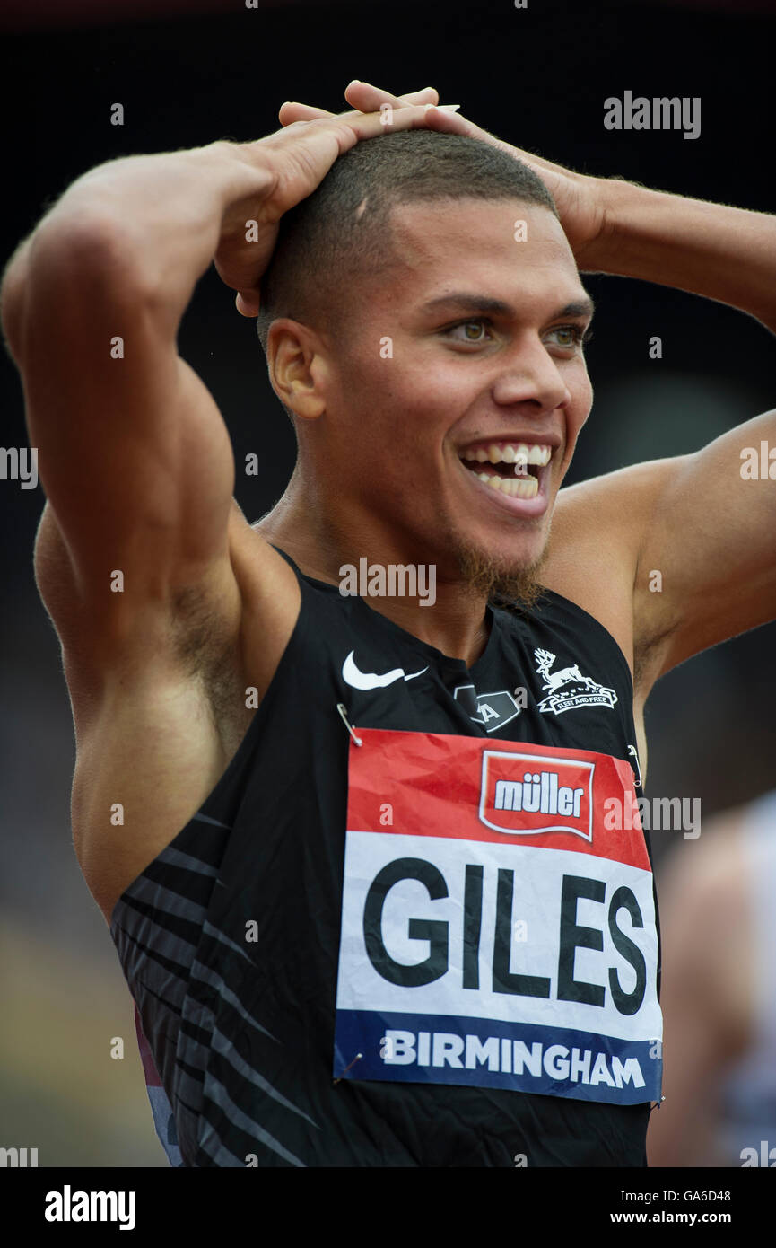 Birmingham 25th June 2016, Elliot Giles reacts after victroy in the Mens 800 Metres Final during Day Three of the British Champi Stock Photo