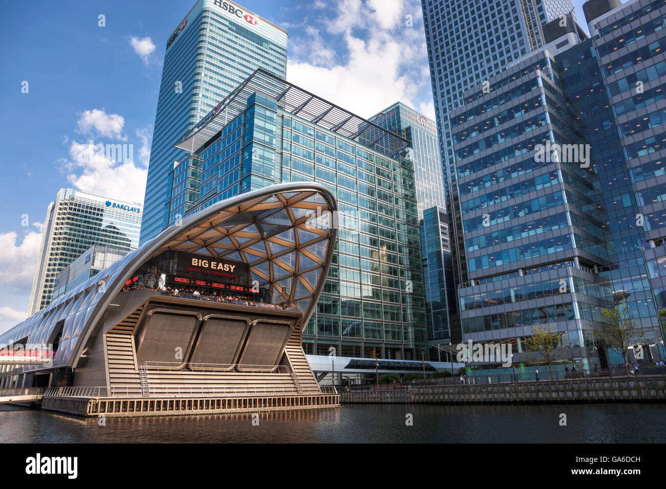 Canary Wharf crossrail station with Canary Wharf skyscrapers in the background Stock Photo