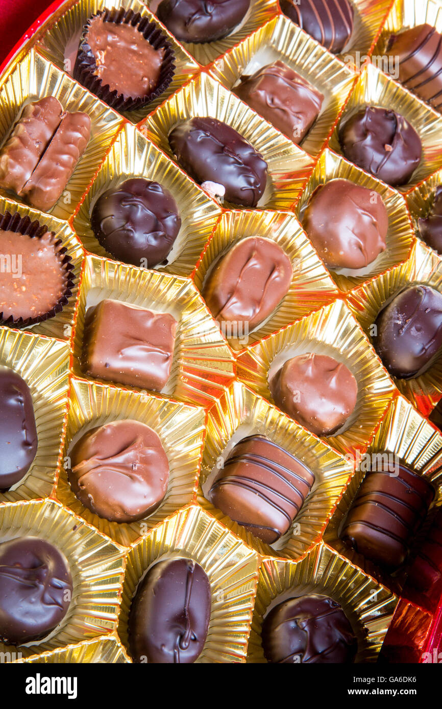 Various chocolates in a box with gold foil Stock Photo Alamy