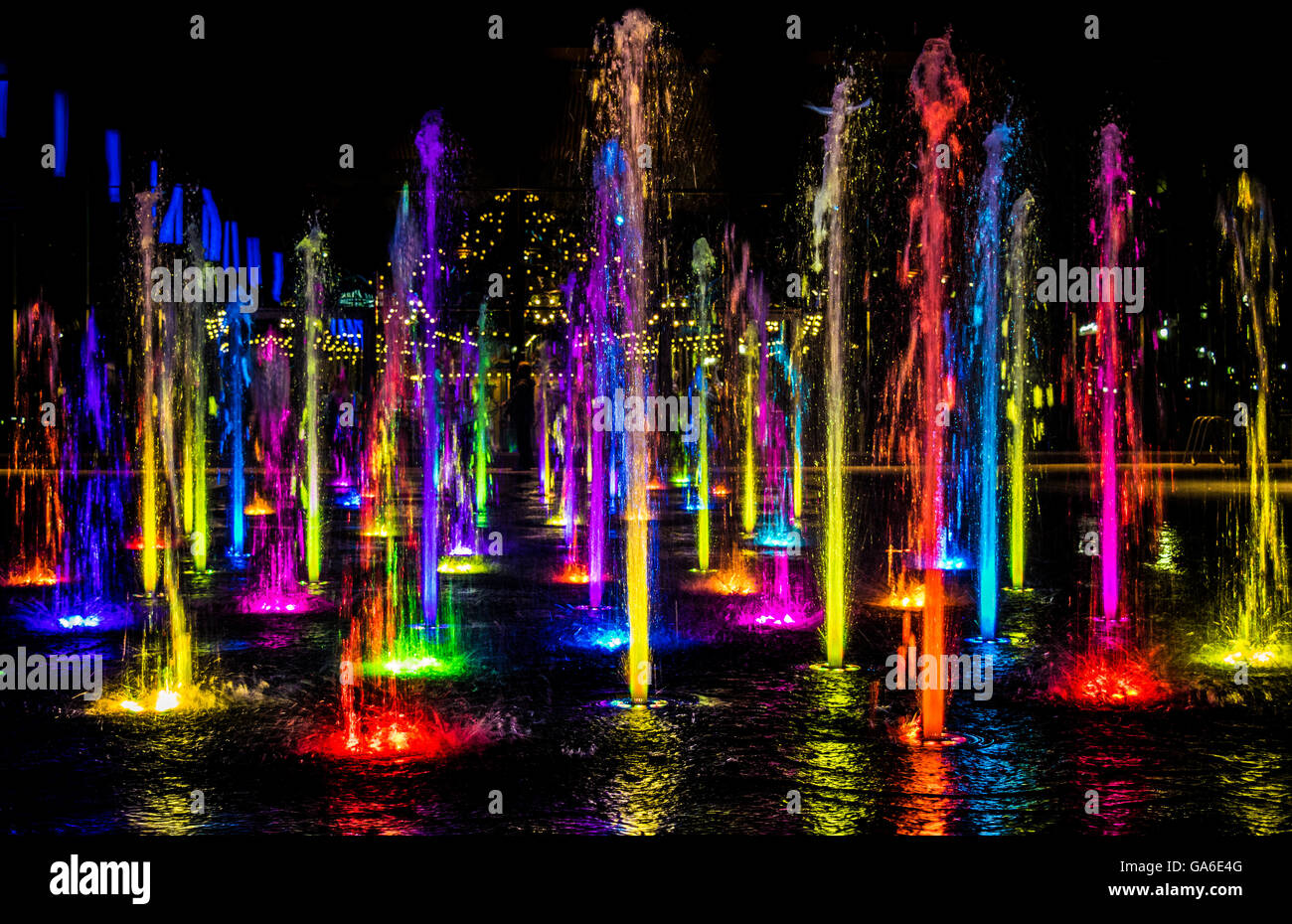 Cincinnati Ohio Washington Park Fountain Lit Up and Night Stock Photo