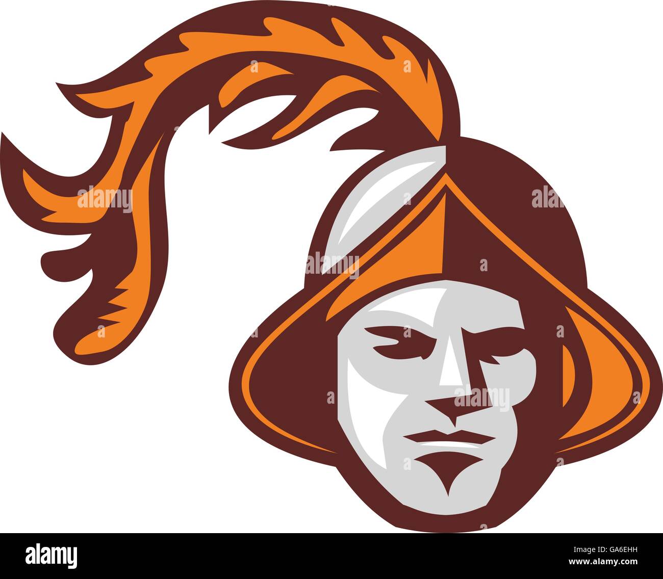 Illustration of a spanish conquistador wearing head with hat and feather viewed from front set on isolated white background done in retro style. Stock Vector