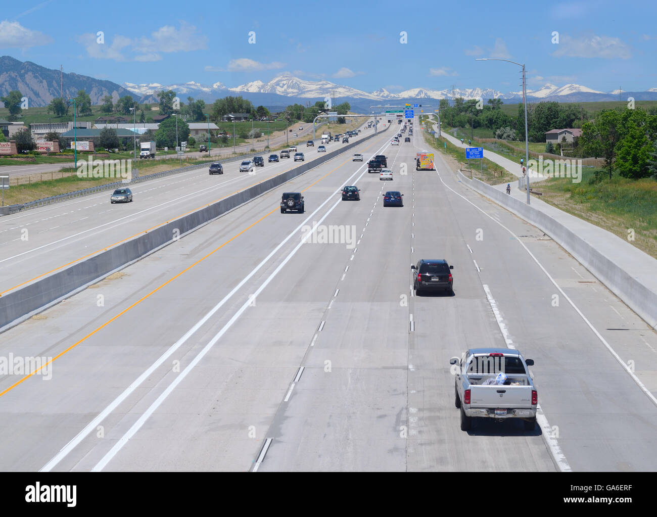 U.S. 36 Express Lanes (public/private) Project completed 2016, the express lane (left) is for high occupancy vehicles, those paying a toll and buses. Stock Photo