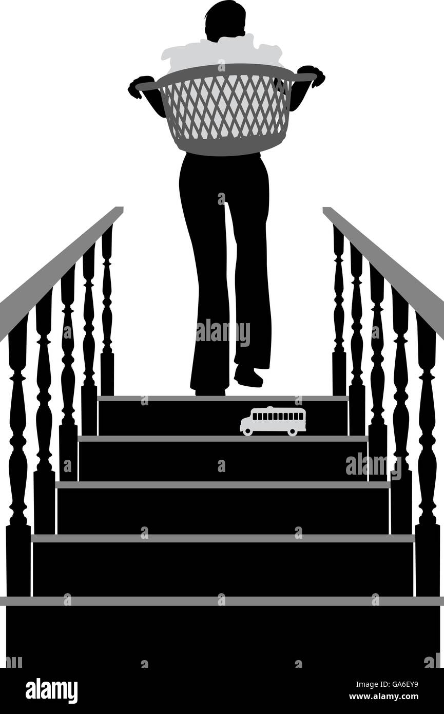 Editable vector silhouette of a woman carrying laundry in danger of stepping on a toy at the top of the stairs with elements as Stock Vector