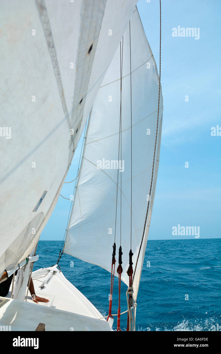 Aboard a sailboat off the coast of Belize Stock Photo