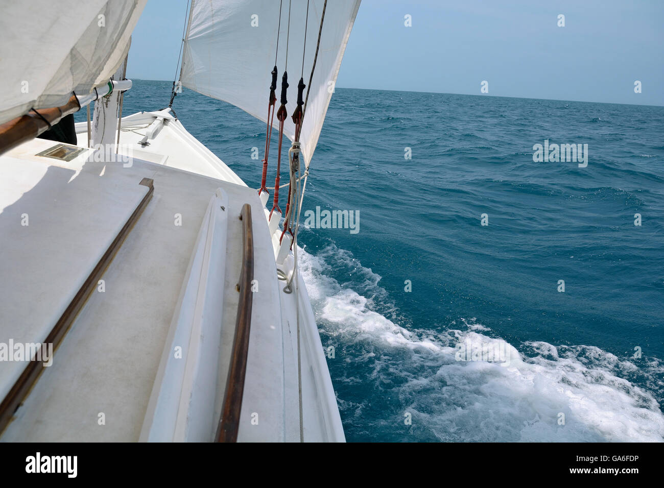 Aboard a sailboat on the sea Stock Photo