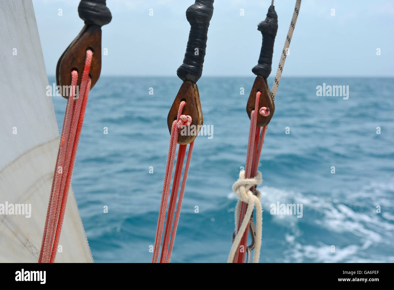Close view of some rigging on a sailing boat Stock Photo