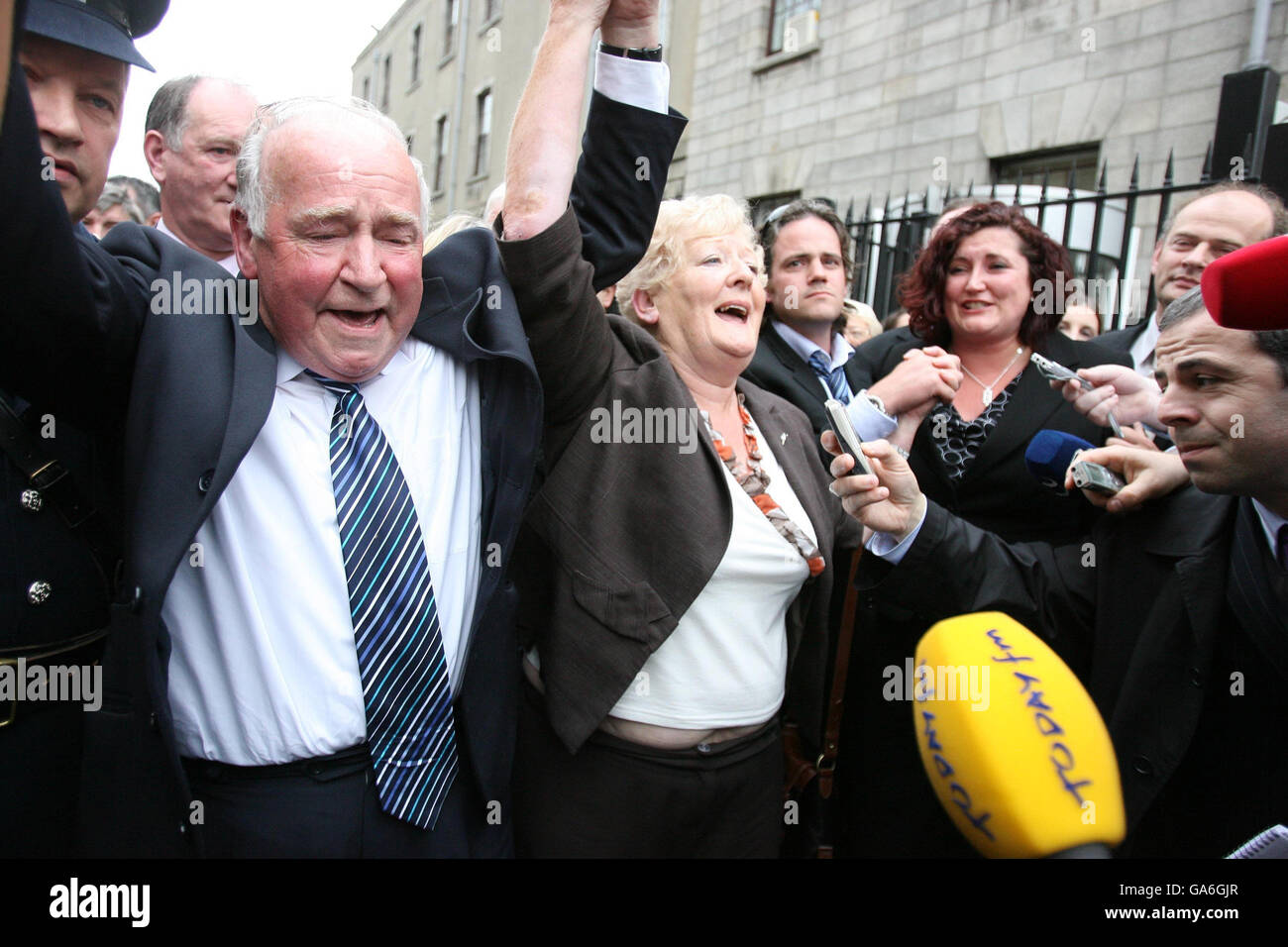 The family of Rachel O'Reilly, including her Mother Rose (centre) and Father Jim Callaly (left) cheer after leaving the Central Criminal Court, Dublin. Stock Photo