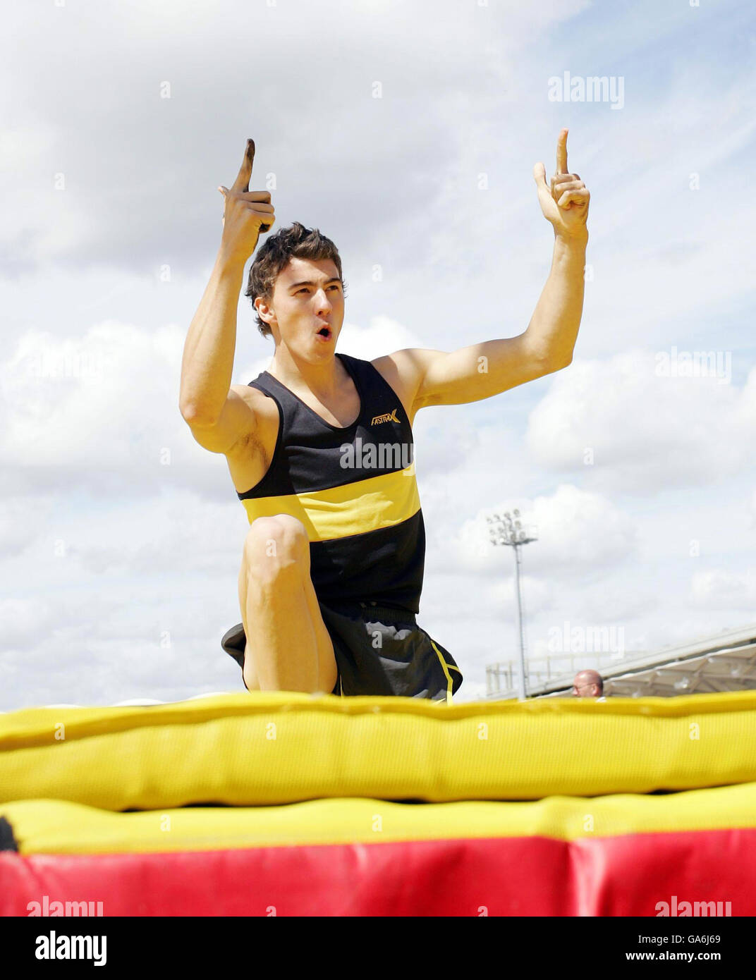 Steve Lewis celebrates after winning the Mens High Jump during the