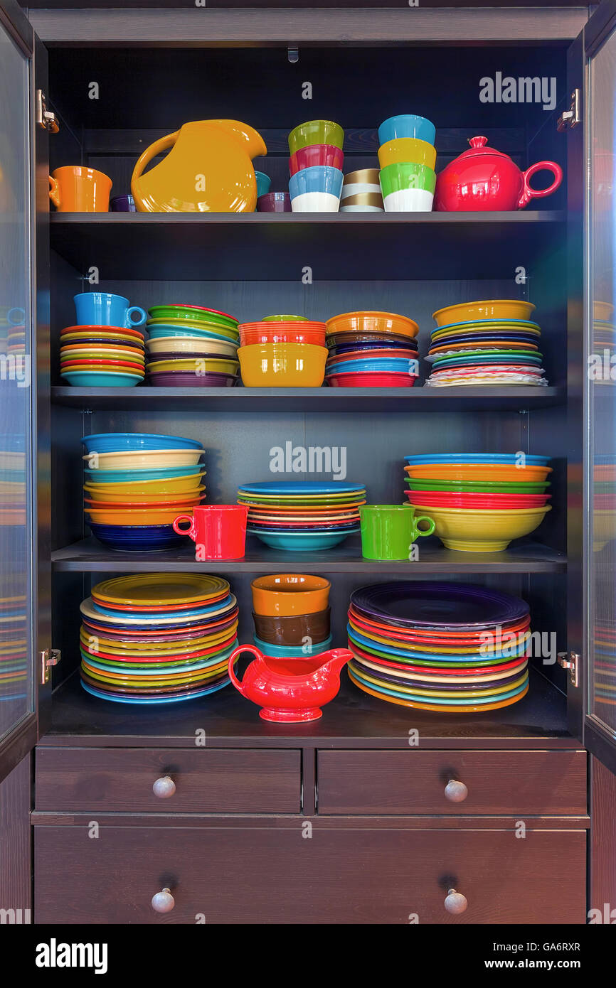 Colorful stoneware dinnerware dinner salad plates bowls cups jugs gravy