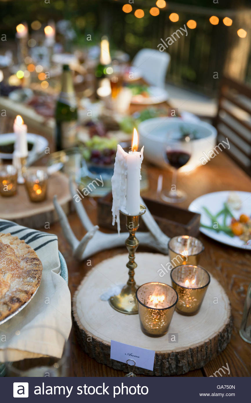 Candles And Food On Wedding Reception Dining Table Stock Photo