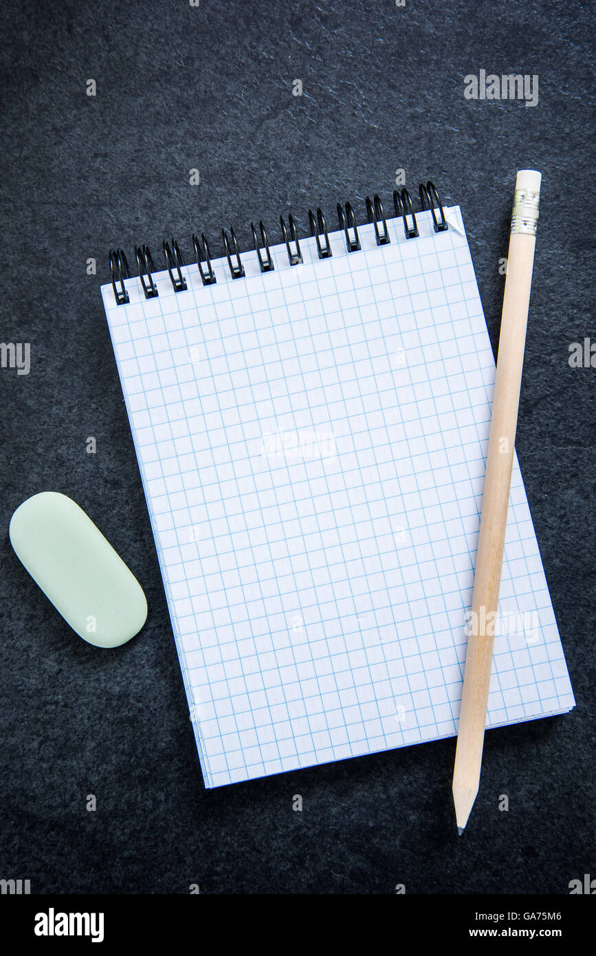 notepad with pencil, empty template, overhead view on wooden desk Stock ...