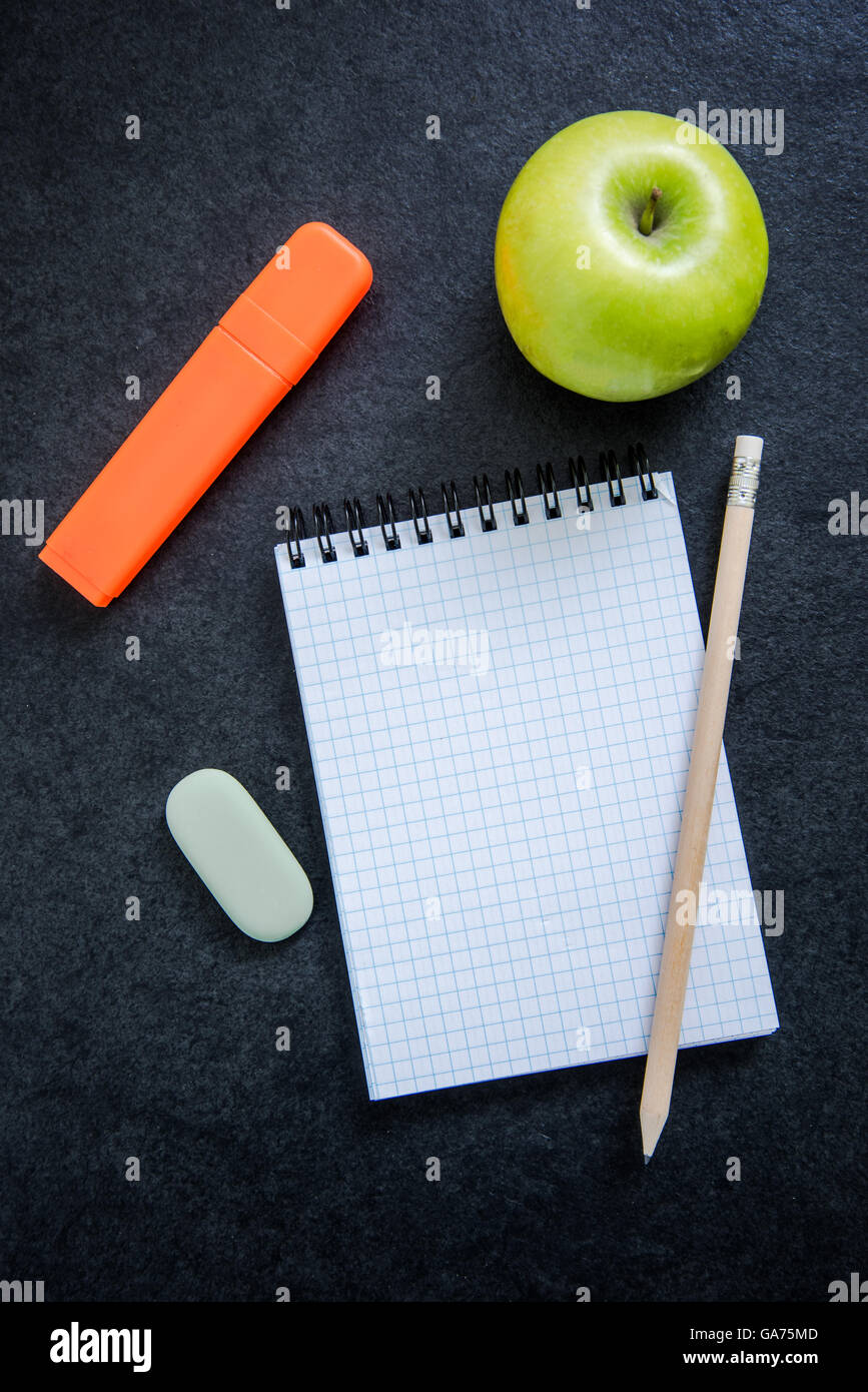 notepad with pencil, empty template, overhead view on wooden desk Stock ...