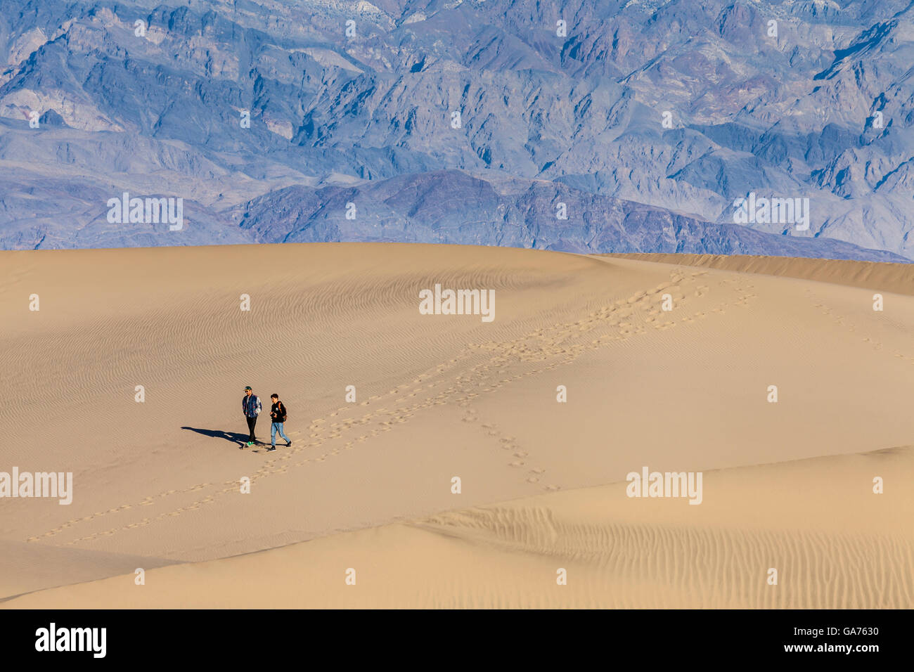 Two men on top of a sand dune at Mesquite Sand Dunes in Death Valley National Park, California, USA Stock Photo