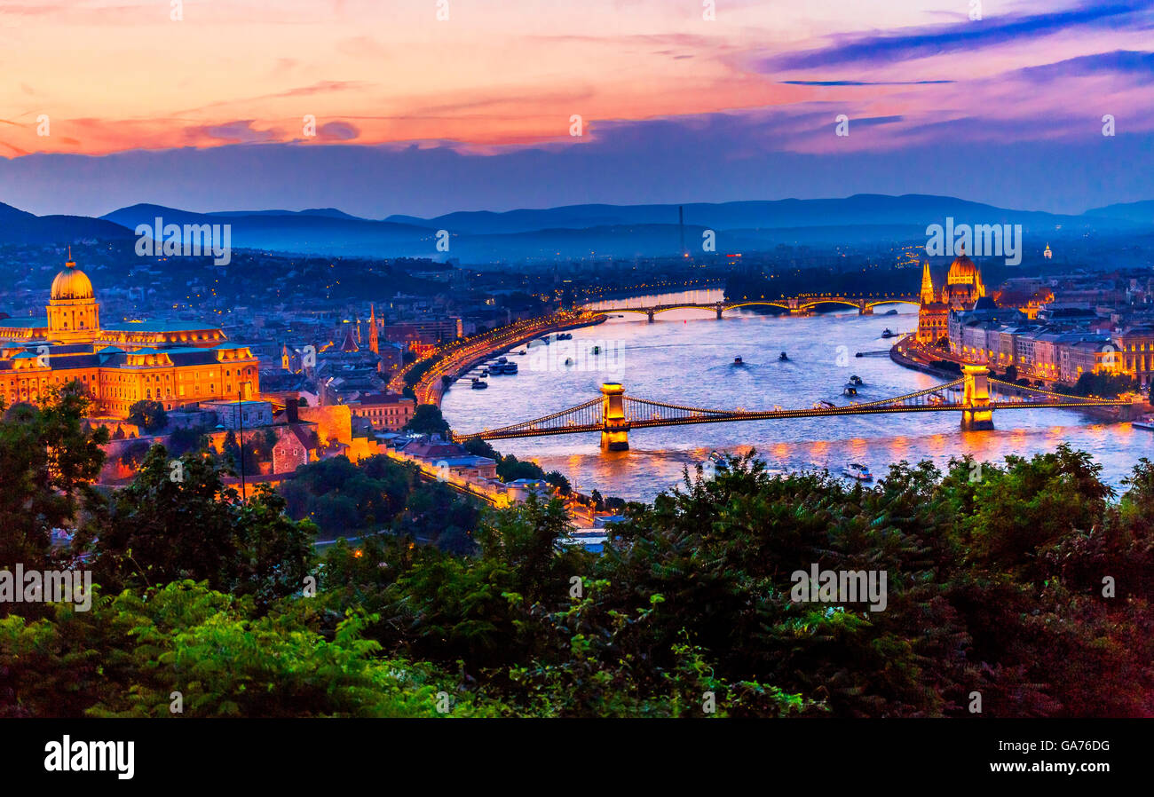 Buda Palace Parliament Chain Bridge Danube River Budapest Hungary Night View from Citadel Stock Photo