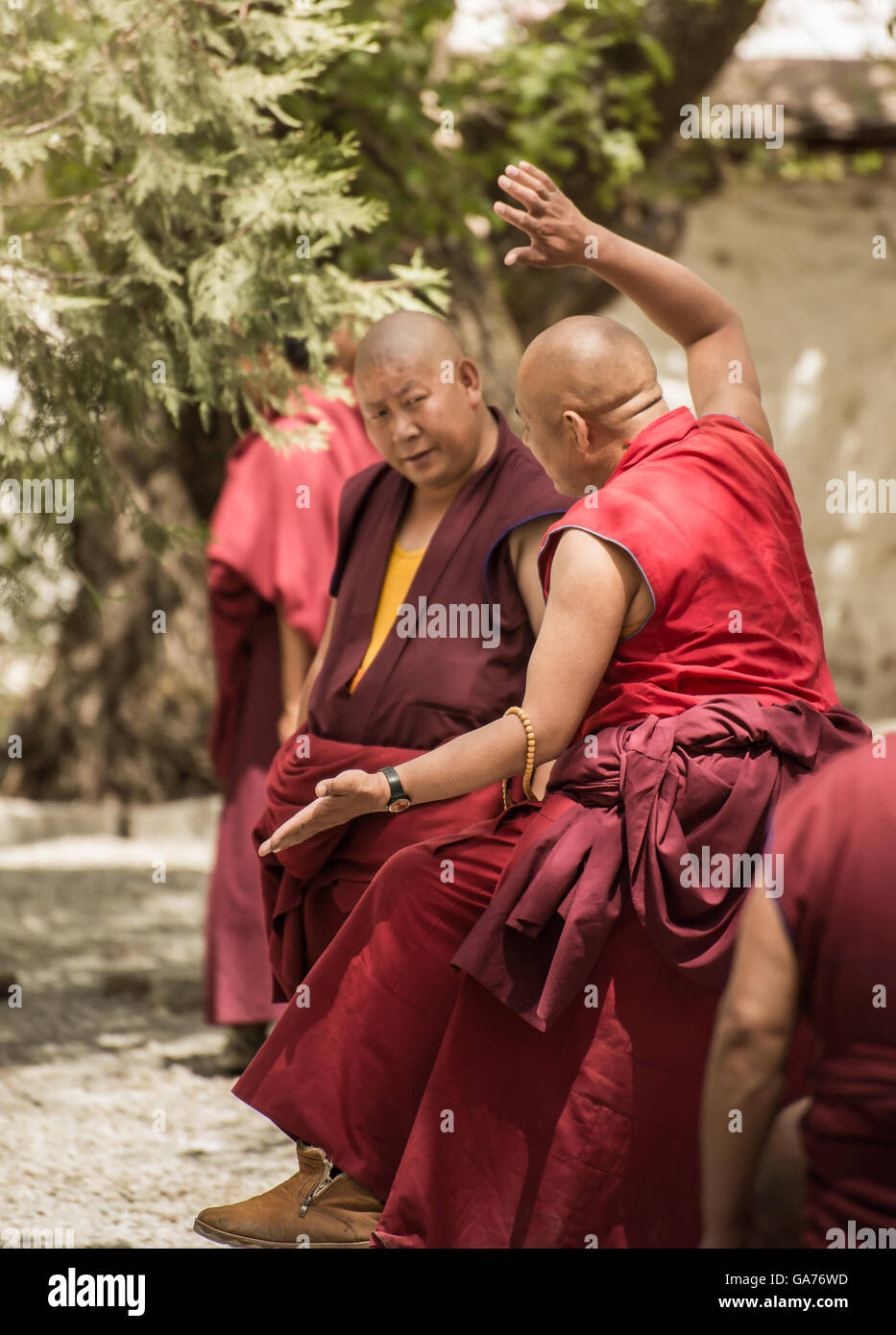 A senior monk challenges his fellow monks to debate Stock Photo