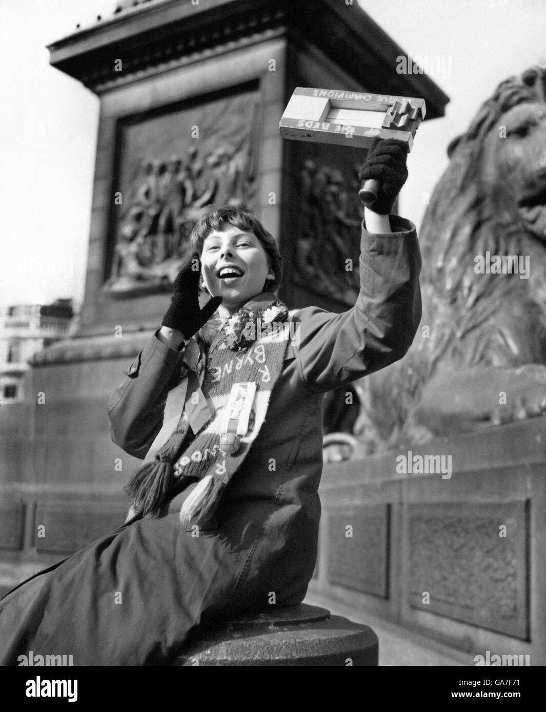 16 Year old Barbara Moseley of Salford, a Manchester United supporter, cheers in Trafalgar Square before the game. Stock Photo