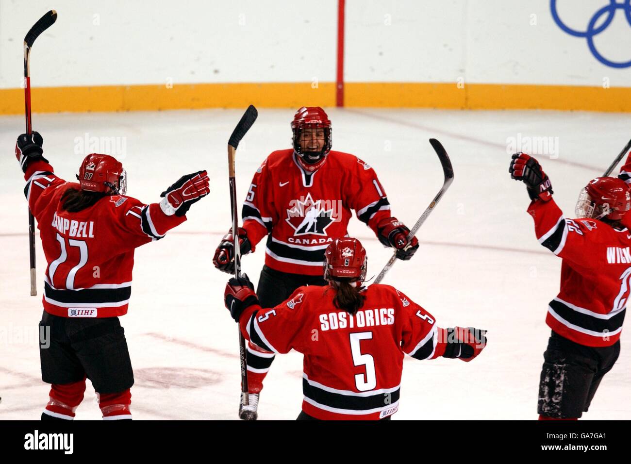 Canada's Danielle Goyette (c) celebrates scoring with teammates Stock Photo
