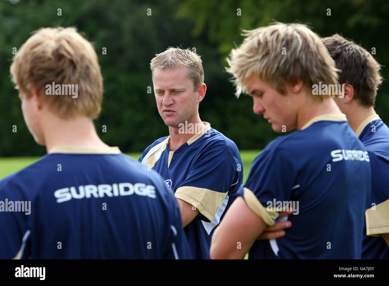 Surrey Academy coach Gareth Townsend talks to his players Stock Photo