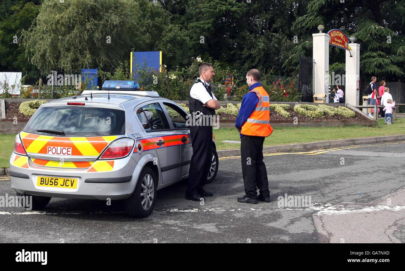 Police at Chessington World of Adventures this morning. Test results on animals from the theme park are expected to be released today and will reveal whether or not the park is affected with foot and mouth disease. Stock Photo