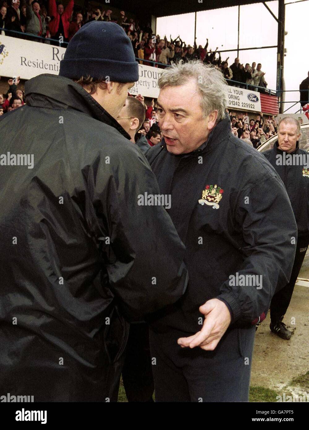 Cheltenham Town's Manager Steve Cotterillis congratulated by Burnley Manager Stan Ternent after putting the Division One side out of the F.A. Cup Stock Photo