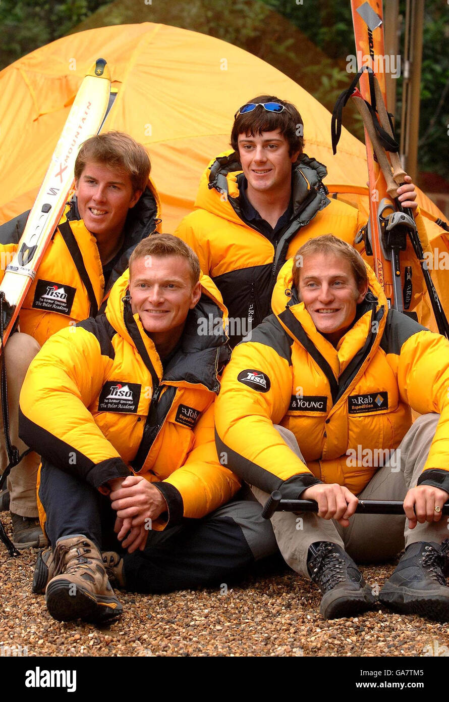 Adam Griffiths (top left) Richard Smith (left) Alex Hibbert (top right) and Andy Wilkinson (right), the Four British adventurers who have today launched a bid to make polar history by trekking 1,000 miles to the South Pole. Stock Photo