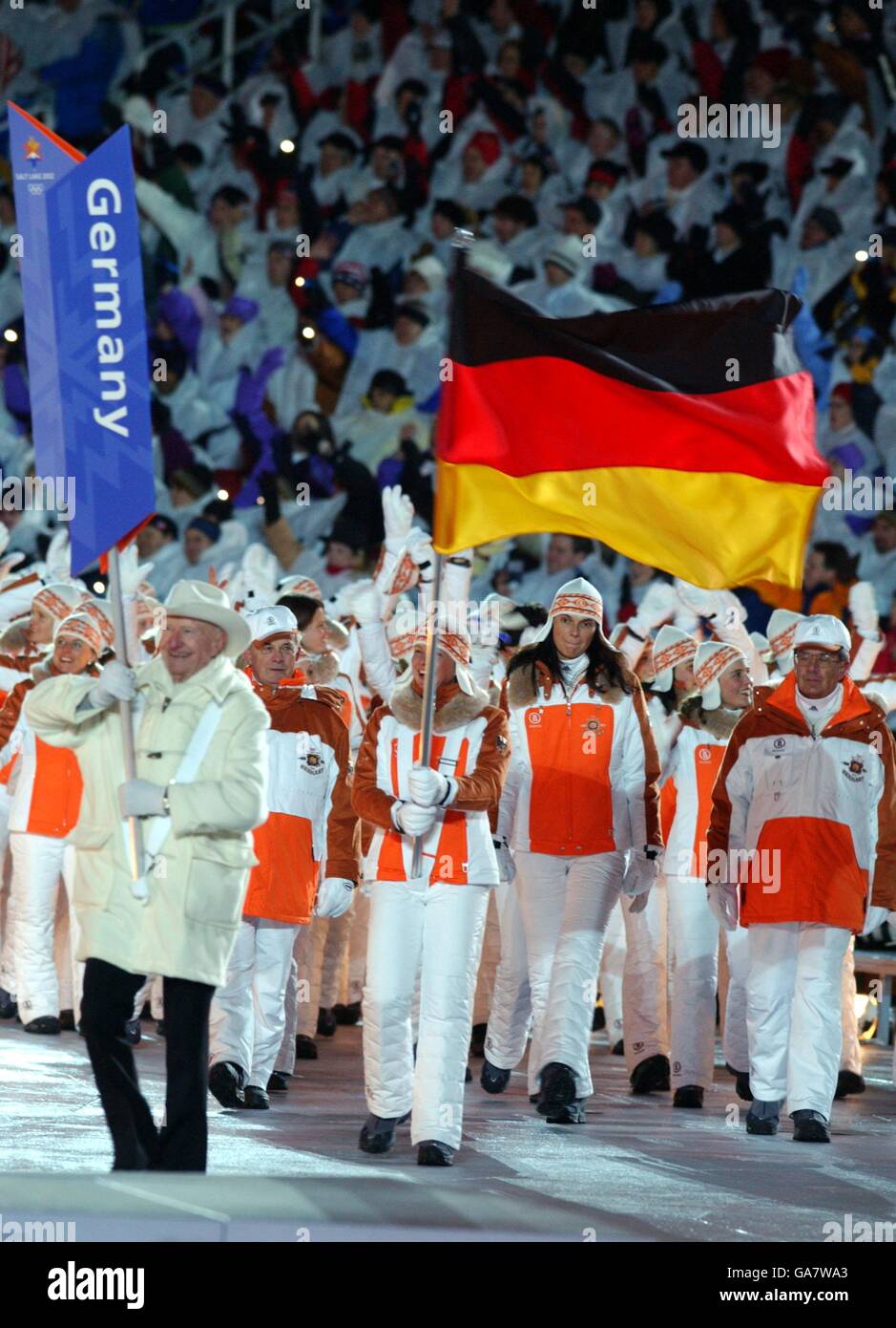 Winter Olympics - Salt Lake City 2002 - Opening Ceremony. Germany's flag bearer Hilde Gerg leads her team out Stock Photo