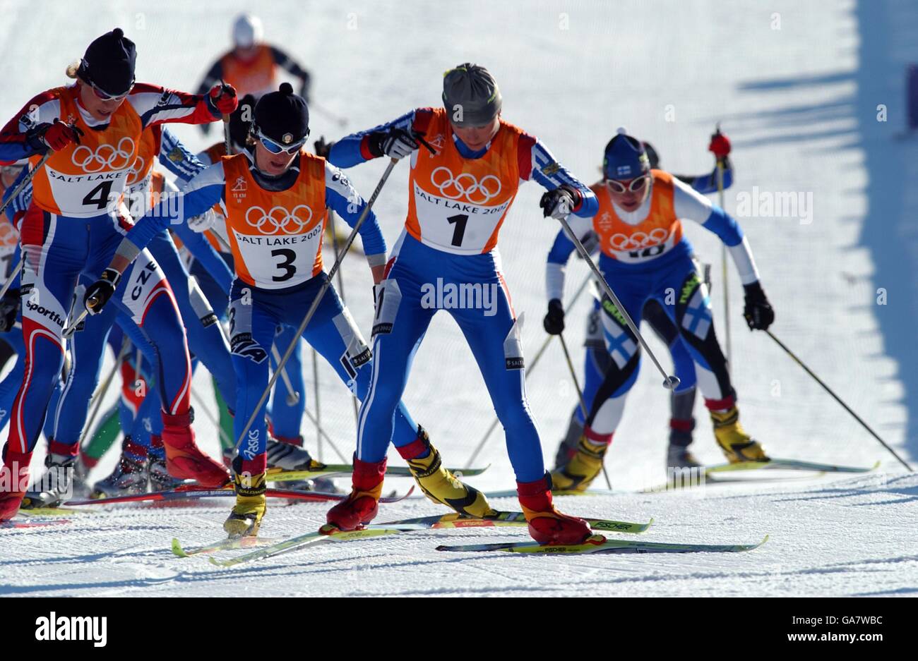 r-l; Eventual fourth placed Julija Tchepalova leads in the early stages from eventual winner Italy's Stefania Belmondo and third placed Czech Republic's Katerina Neumannova Stock Photo