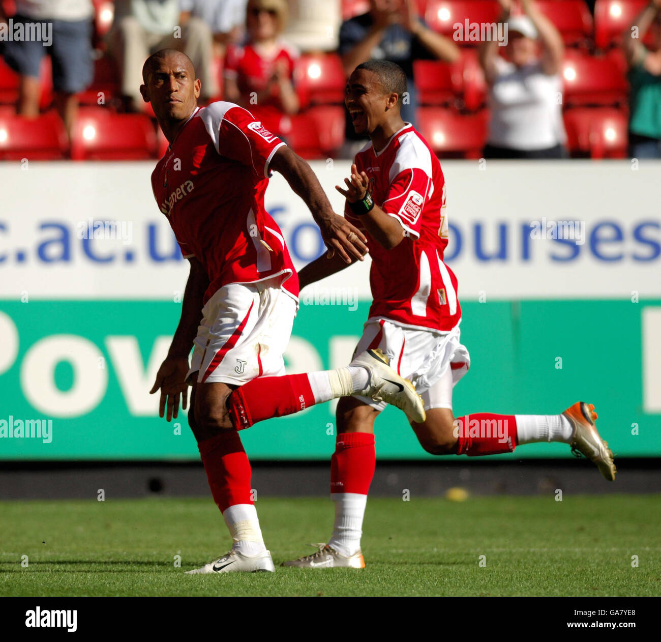 Charlton Athletic's Chris Iwelumo celebrates his first goal during the Coca-Cola Football League Championship match at The Valley, London. Stock Photo