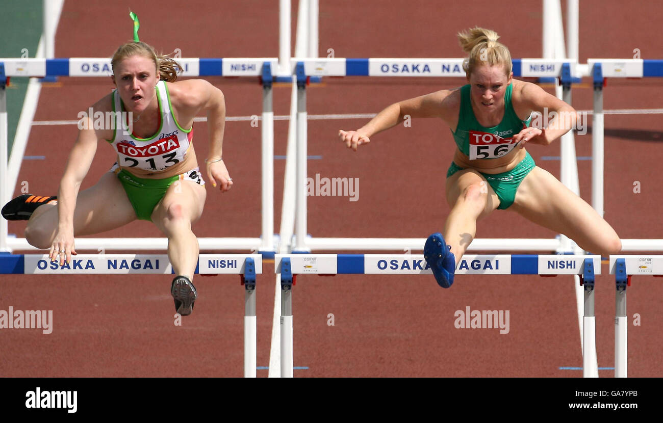 Ireland's Derval O'Rourke runs alongside Australia's Sally McLellan during the IAAF World Championships in Osaka, Japan. Stock Photo
