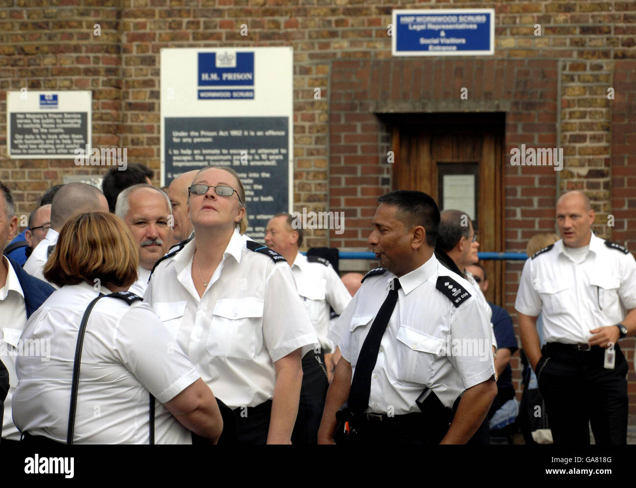 Staff outside at Wormwood Scrubs Prison in London, as thousands of prison officers staged a national strike over pay today, plunging the service into a fresh state of crisis. Stock Photo
