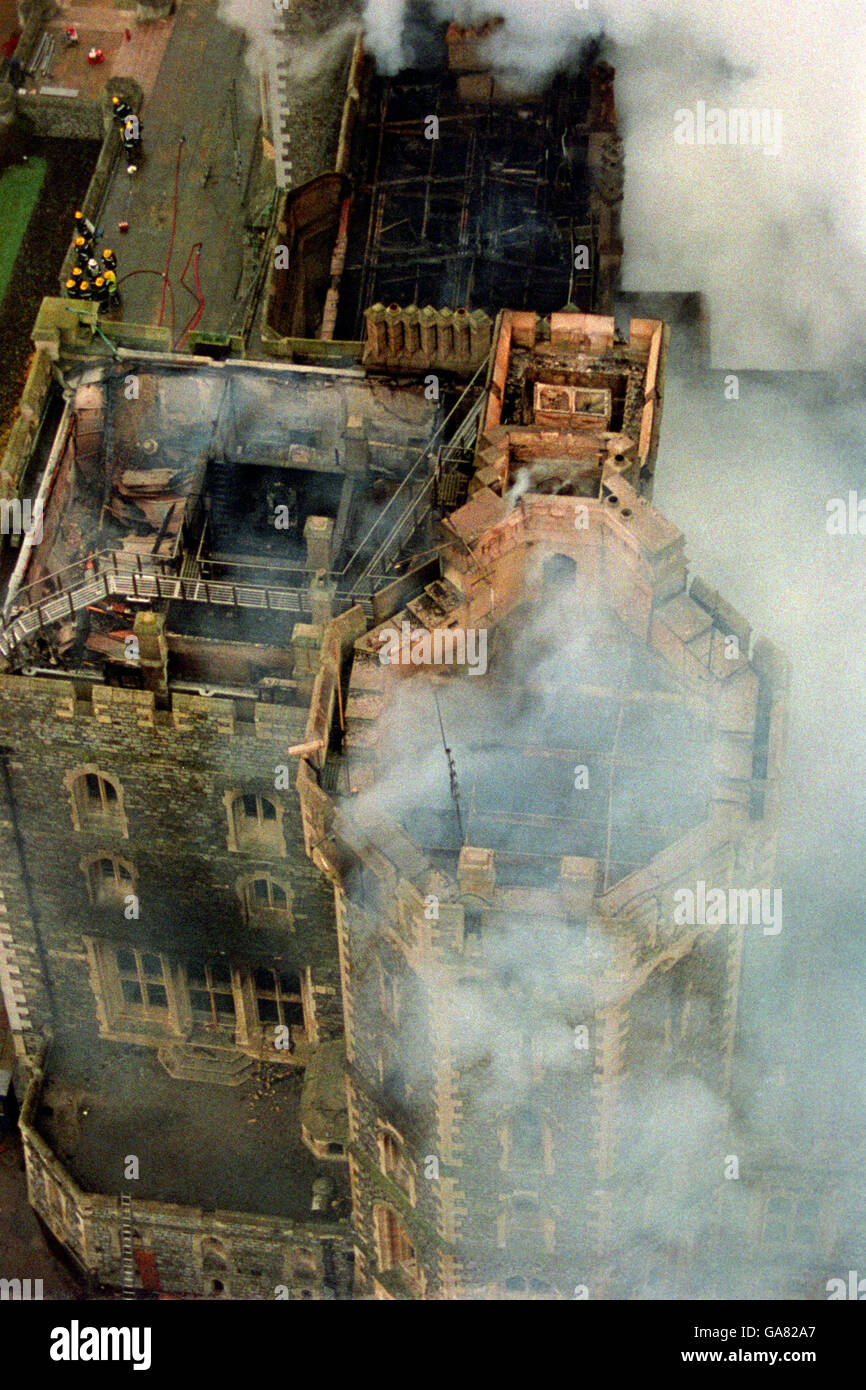 Windsor Castle Fire. An aerial view of Windsor Castle on fire Stock