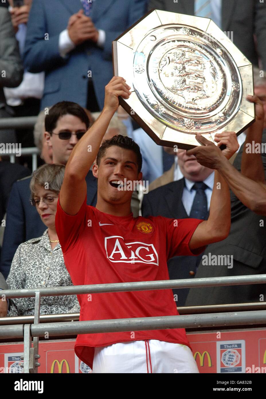 Manchester United's Cristiano Ronaldo lifts the Community Shield. Stock Photo