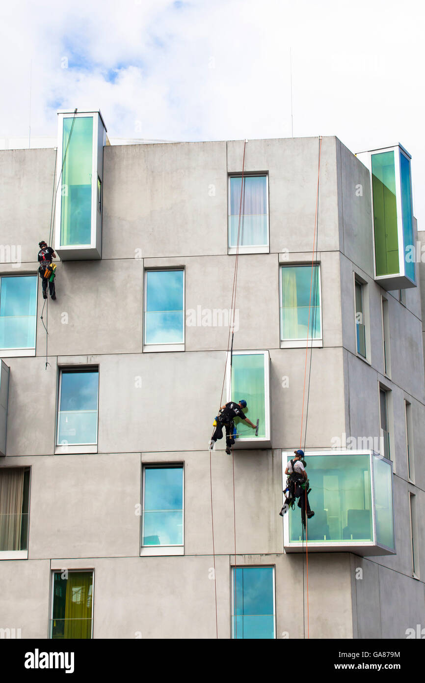 Europe, Germany, Cologne, window cleaners at the hotel Artotel at the Rheinau harbor. Stock Photo