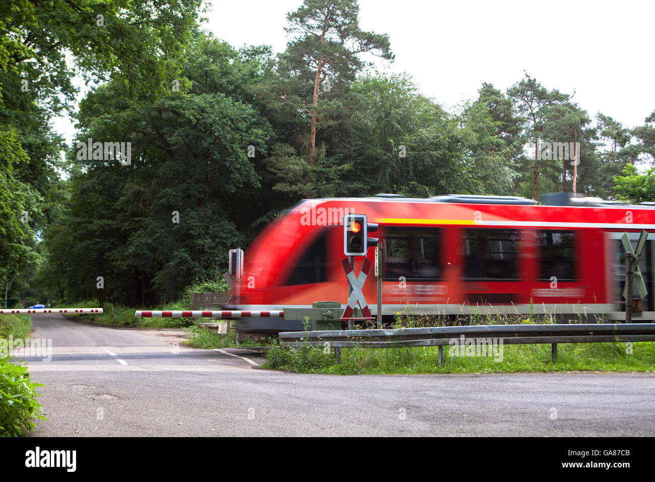 Europe, Germany, North Rhine-Westphalia, Roesrath, gated railroad crossing in the Koenigsforst. Stock Photo