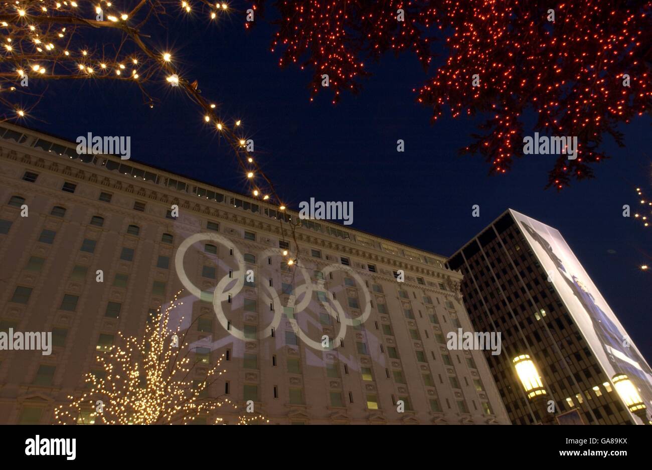 A large advertisement for the Salt Lake City 2002 Olympic Winter Games is placed on the side of a building Stock Photo