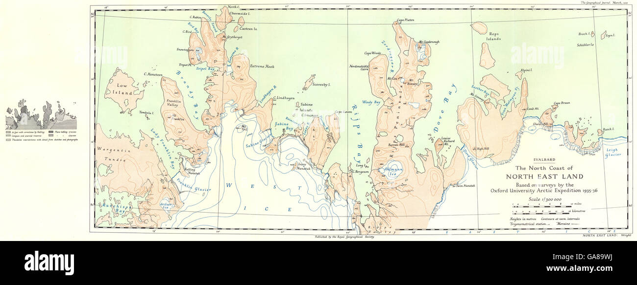 NORWAY: North coast North East land Oxford Uni Arctic Expdn 1935-36 RGS map 1939 Stock Photo