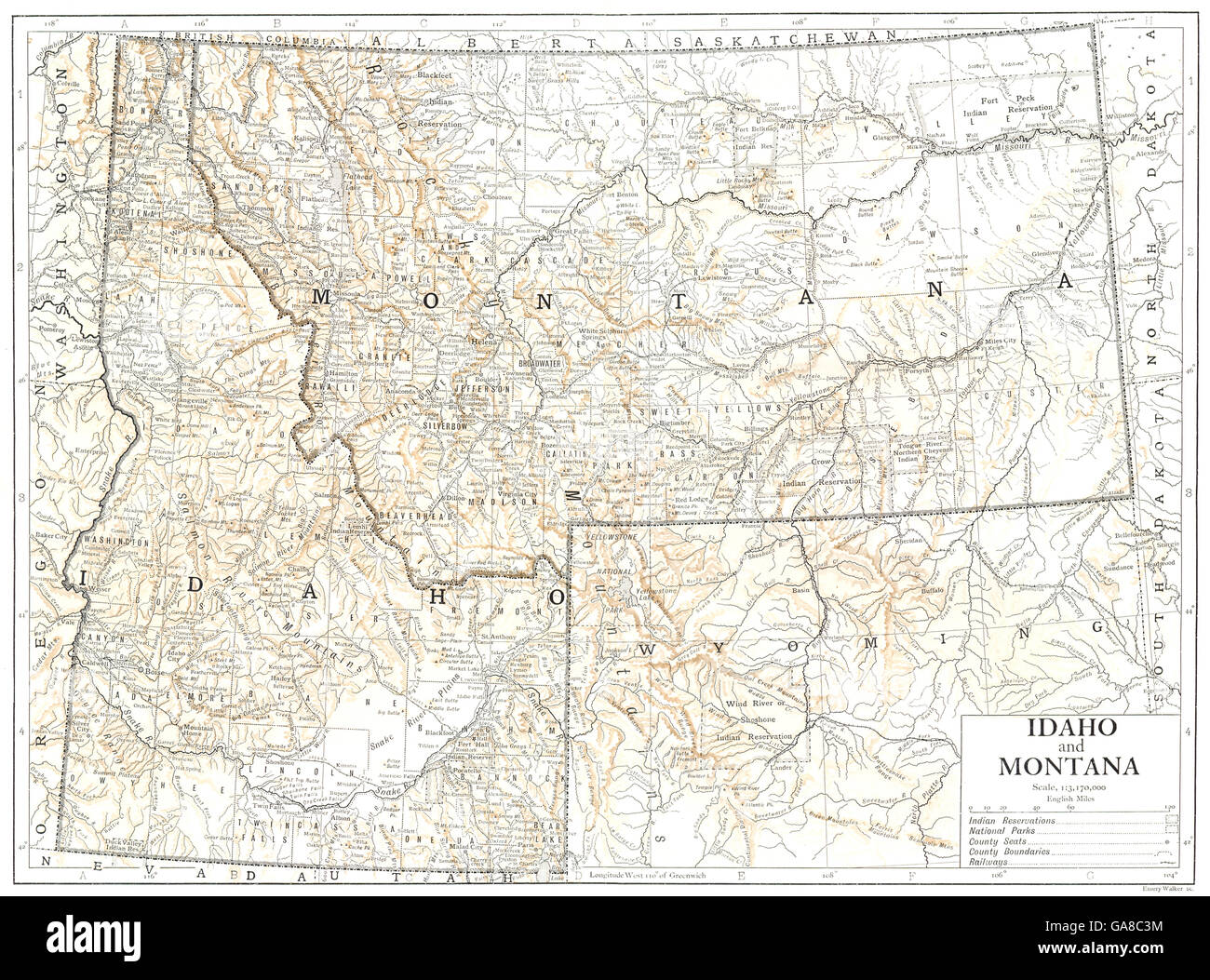 Idaho state map hi res stock photography - Usa Idaho And Montana State Map 1910 GA8C3M 