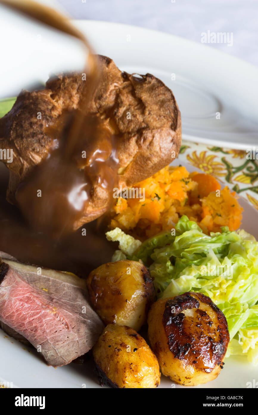 A traditional pub/restaurant Sunday lunch of English Roast Beef and