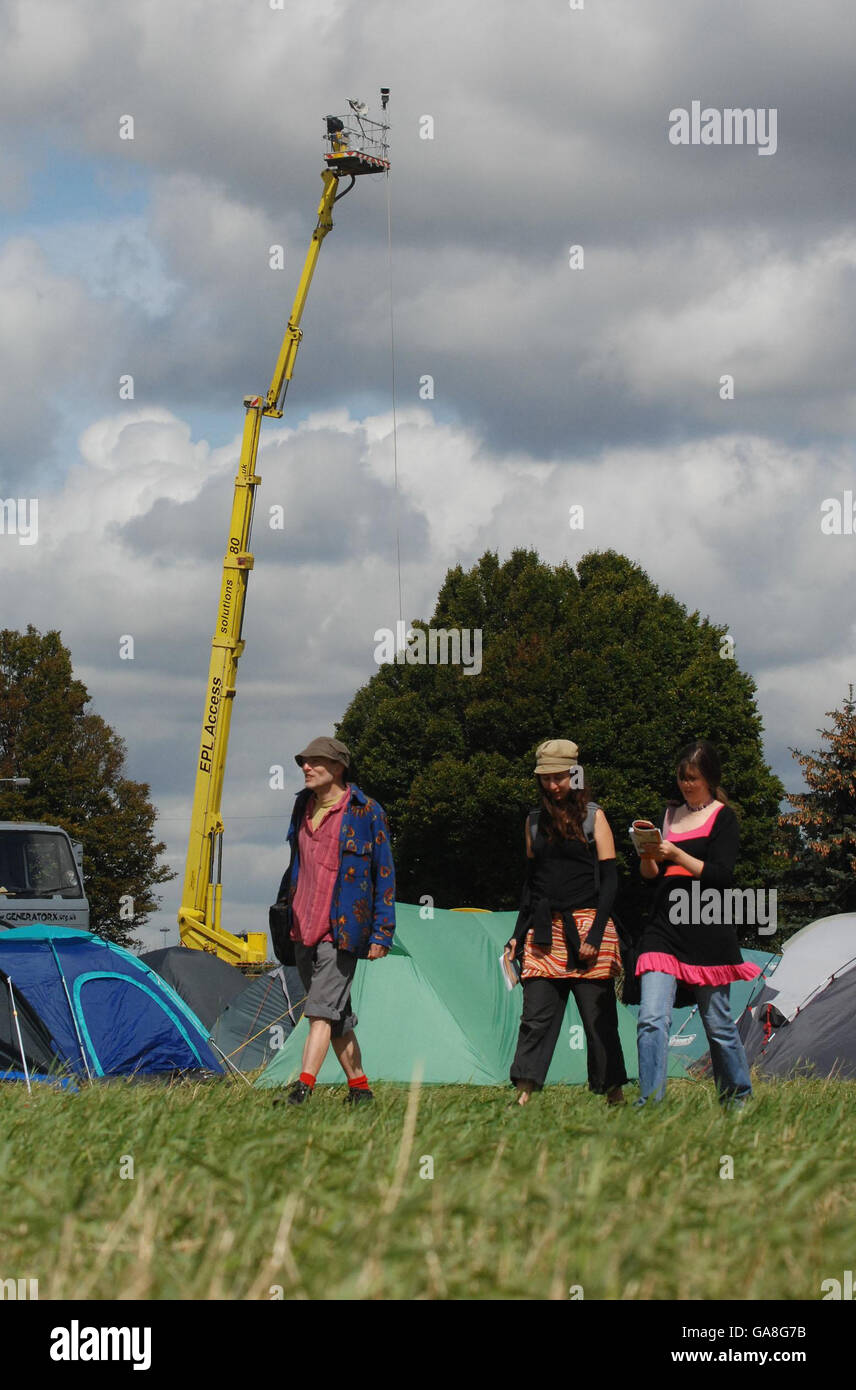 A CCTV camera that has been set up on an hydraulic tower at the climate camp near Heathrow Airport. Stock Photo