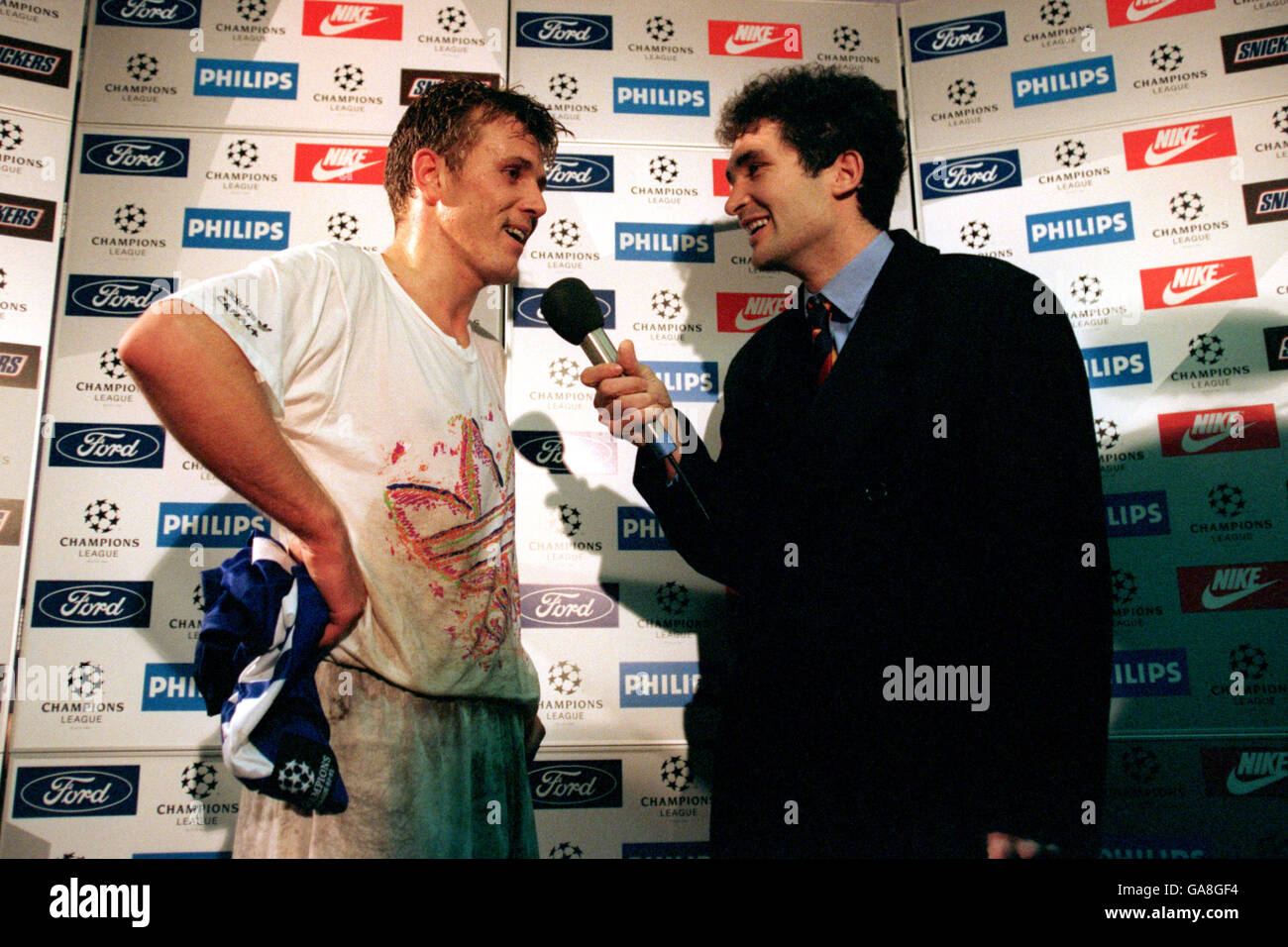 Soccer - European Cup - Group A - Rangers v Olympique de Marseille. Franck Sauzee, Olympique de Marseille, talks to a reporter after the match Stock Photo