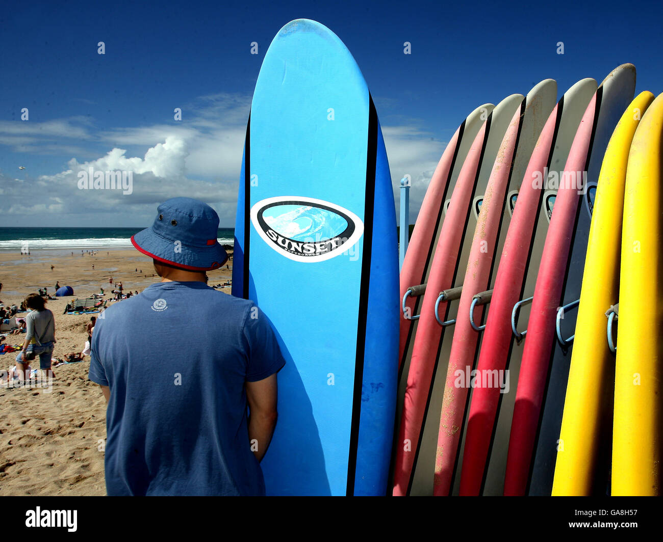 Newquay - Fistral Beach. Surf school at Fistral Beach in Newquay. Stock Photo