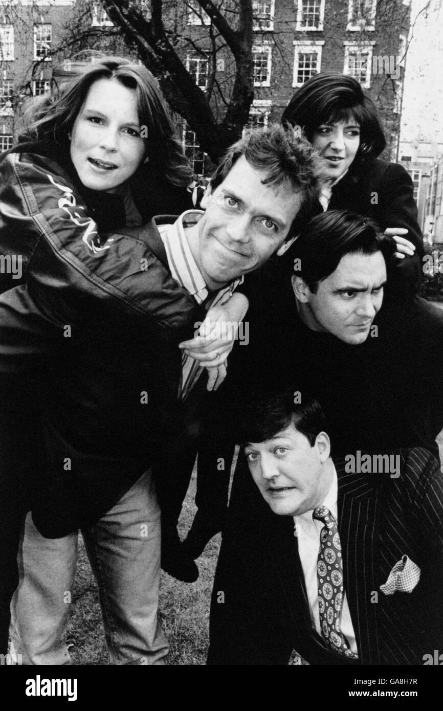 Comedian and founder of the Hysteria Trust, Stephen Fry (bottom of pic) with stars in London to launch the third comedy and music gala for Aids Charities. From left, Jennifer Saunders, Hugh Laurie, Emma Freud and Tony Slattery. Stock Photo