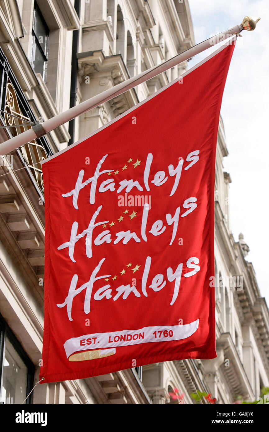 The outside of hamleys toy store in central london hires stock