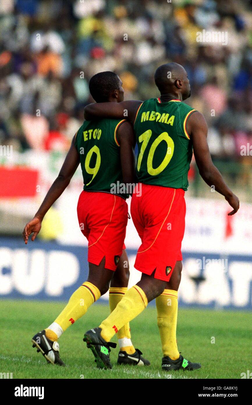 Cameroon's Samuel Eto'o (l) is congratulated by teammate Patrick Mboma (r) after scoring the second goal Stock Photo