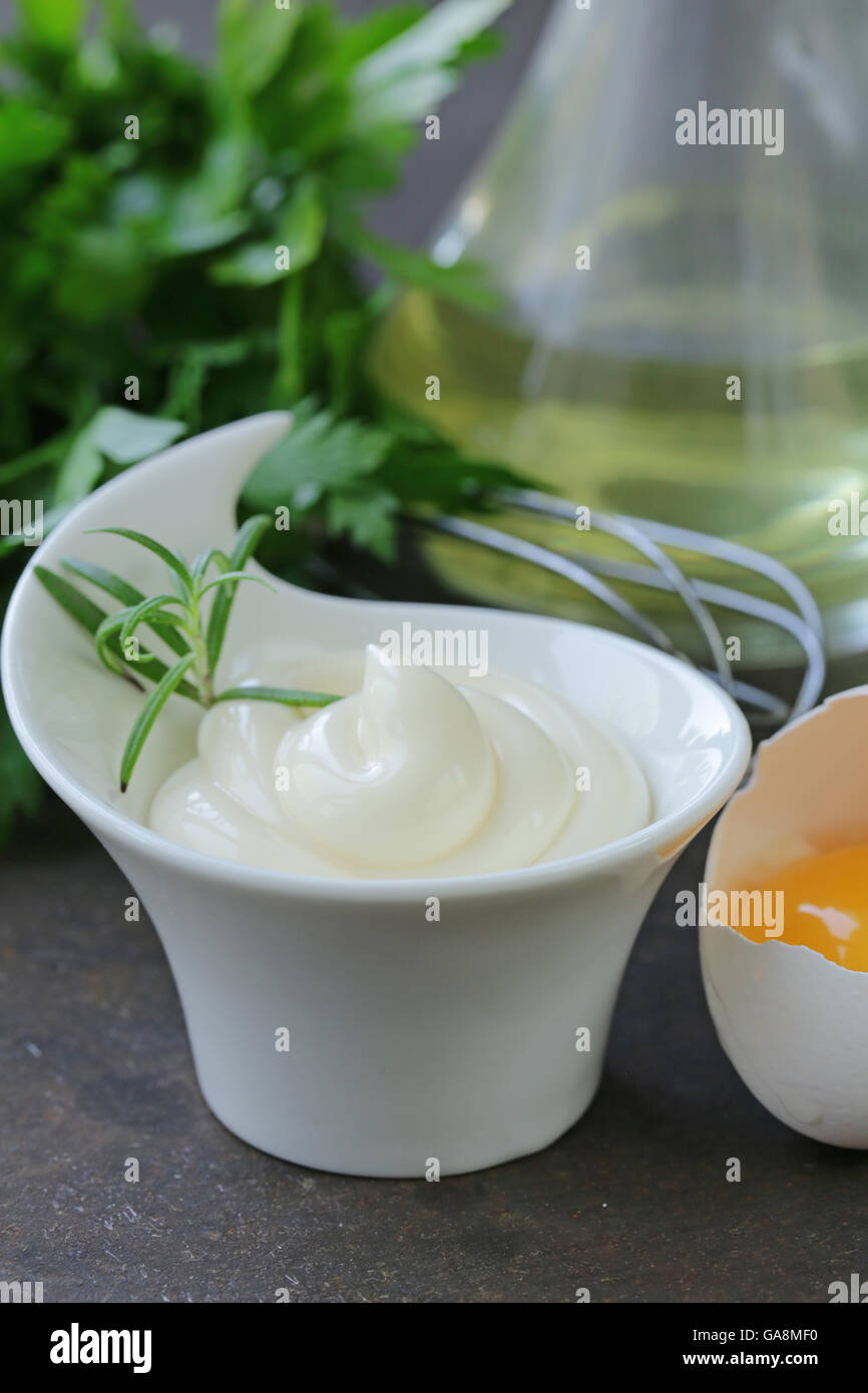 Natural homemade mayonnaise with egg yolk and vegetable oil Stock Photo