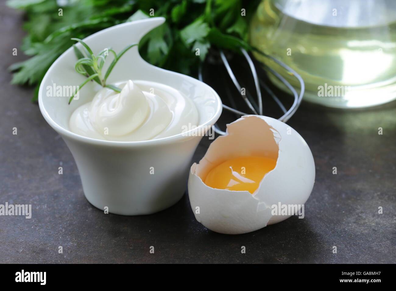 Natural homemade mayonnaise with egg yolk and vegetable oil Stock Photo