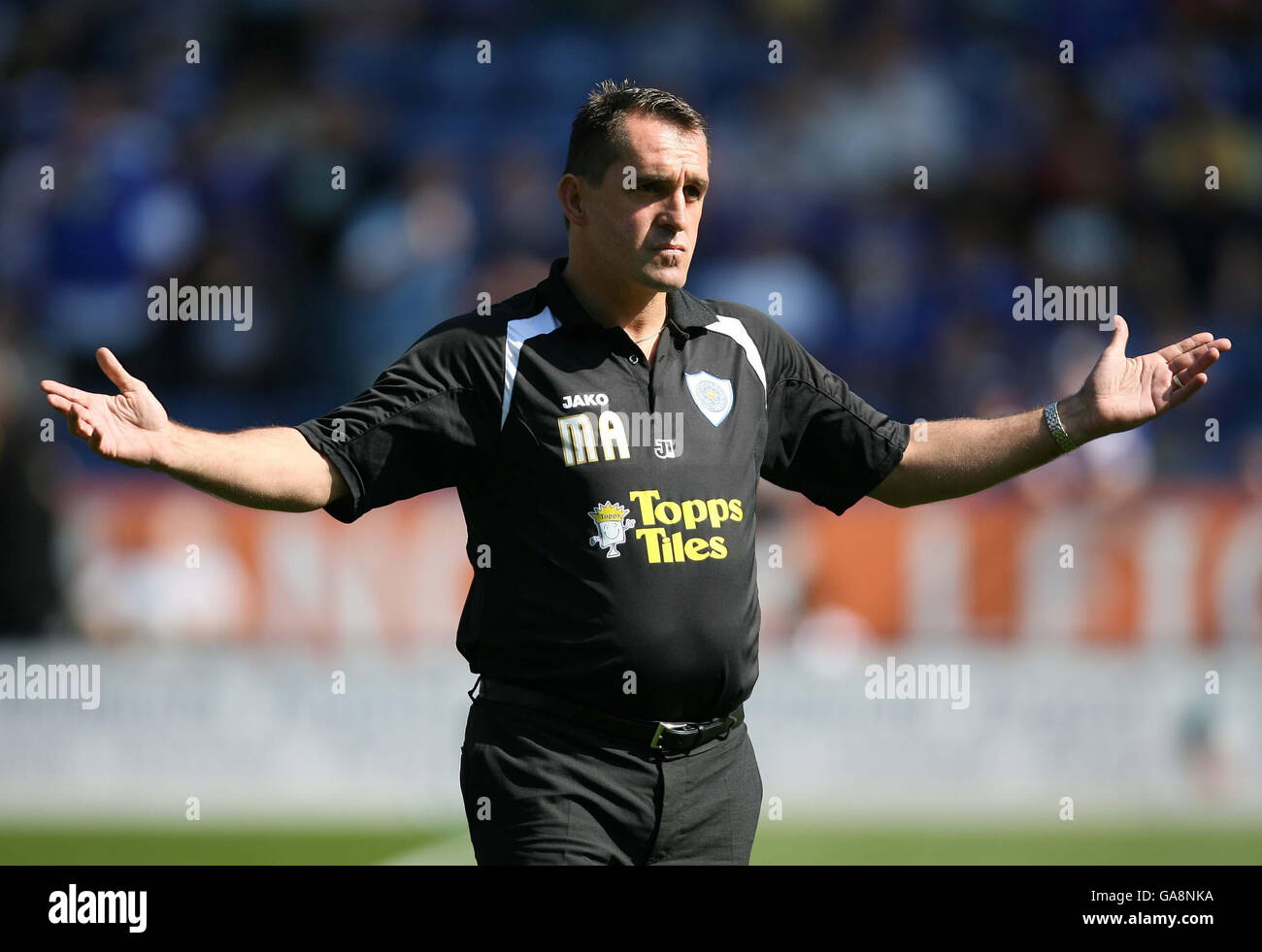 Leicester City's manage Martin Allen tries to urge on the crowd before the start of the game against Watford during the Coca-Cola Football League Championship match at Walkers Stadium, Leicester. Stock Photo